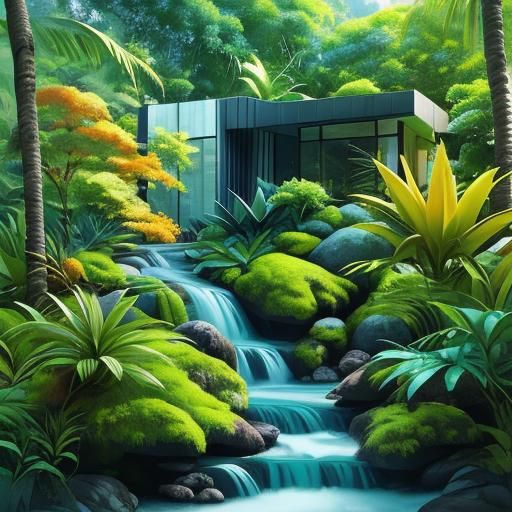 Minimalist House by Waterfall in Tropical Forest