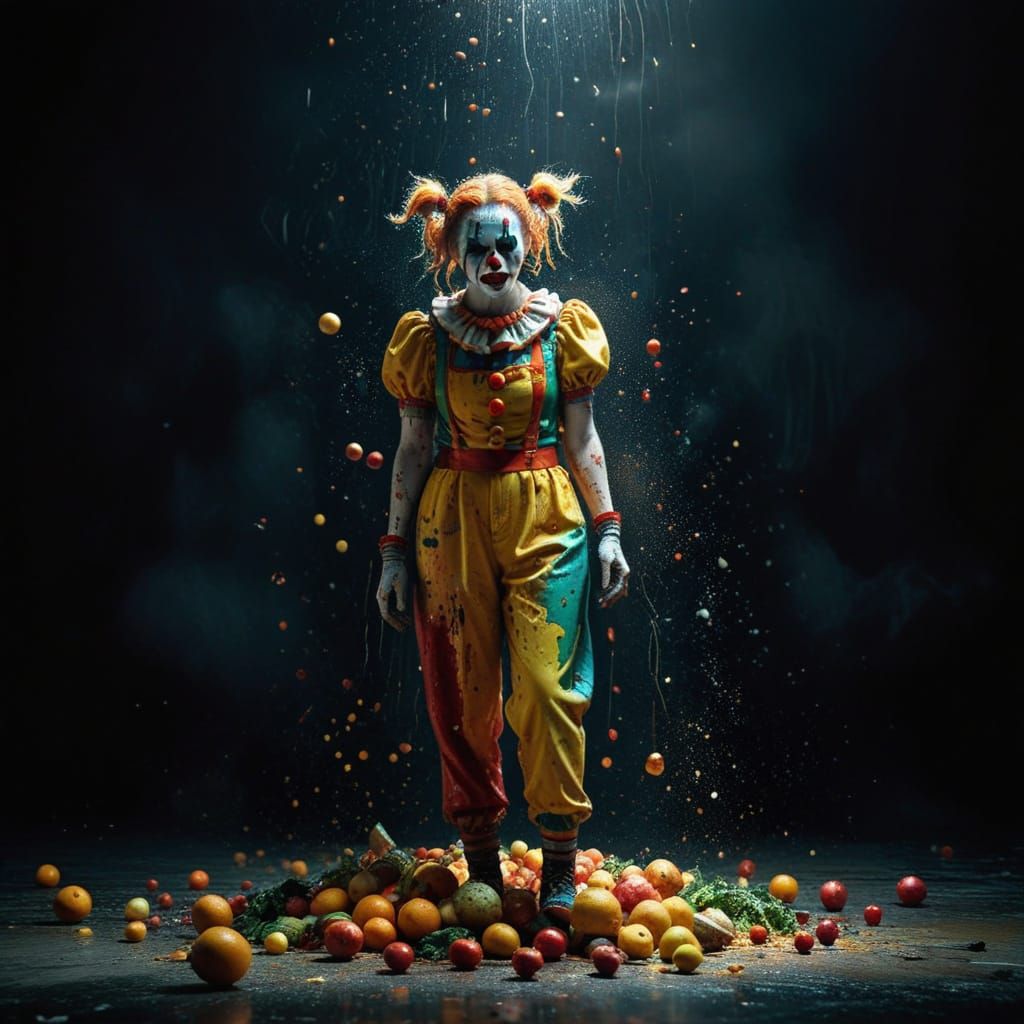 Clown in a Fruit and Vegetable Barrage