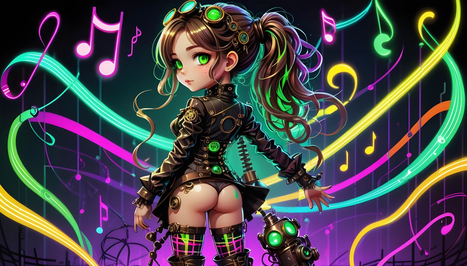 Steampunk Chibi Portrait in Neon Pop Art Style