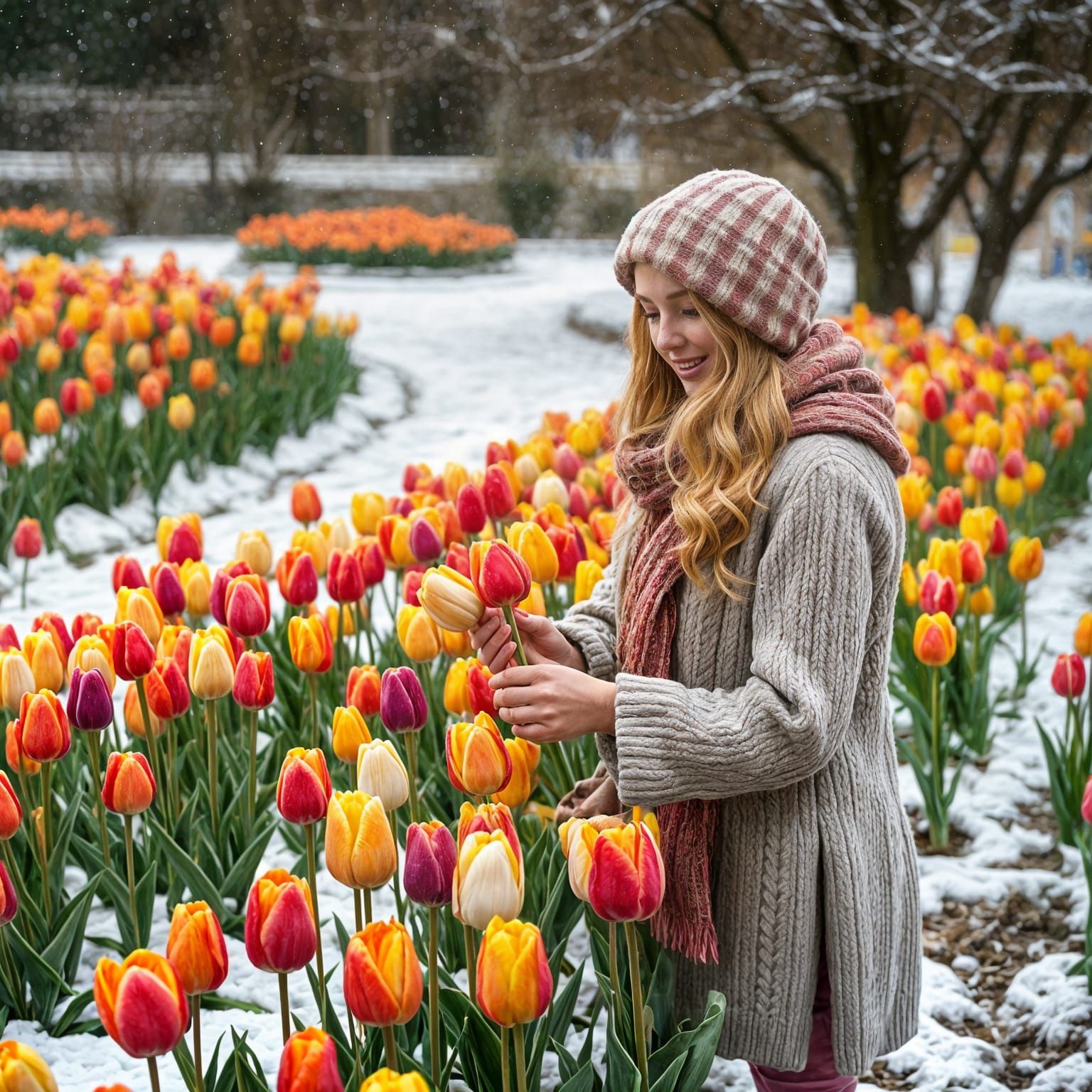 Blonde Girl Picks Tulips in a Snowy Garden