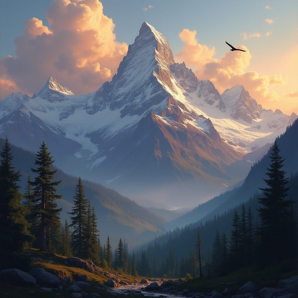 Majestic Mountain Sunset with Eagle, Hyperrealistic Art