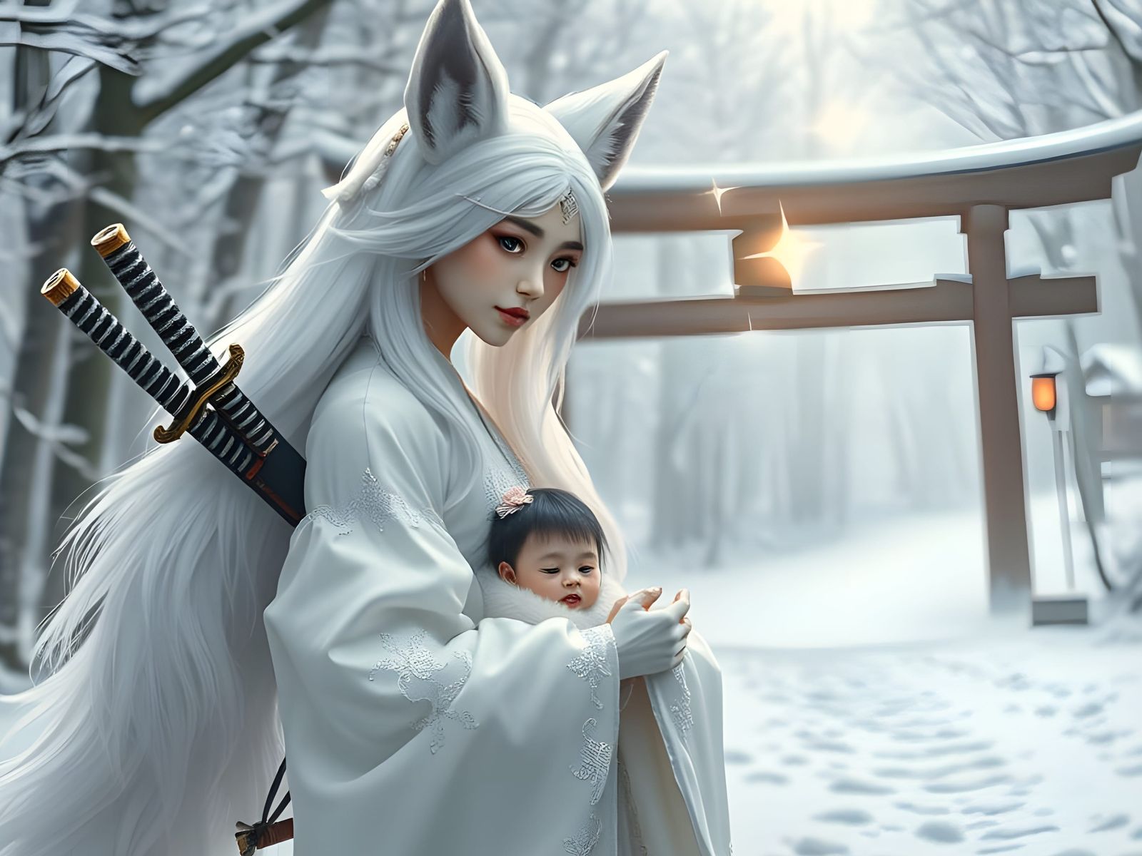 Kitsune Guardian Protects Innocent Child in Haunting Winter...