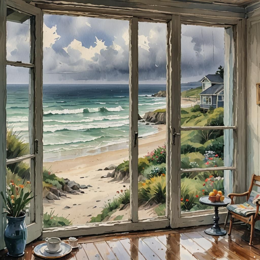 Rainy Beach View as Gouache Impressionist Painting