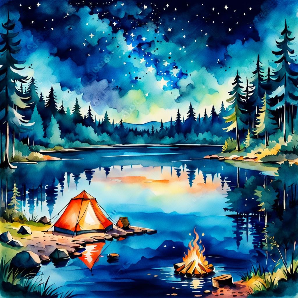 Watercolor Landscape: Lakeside Campfire Under the Stars