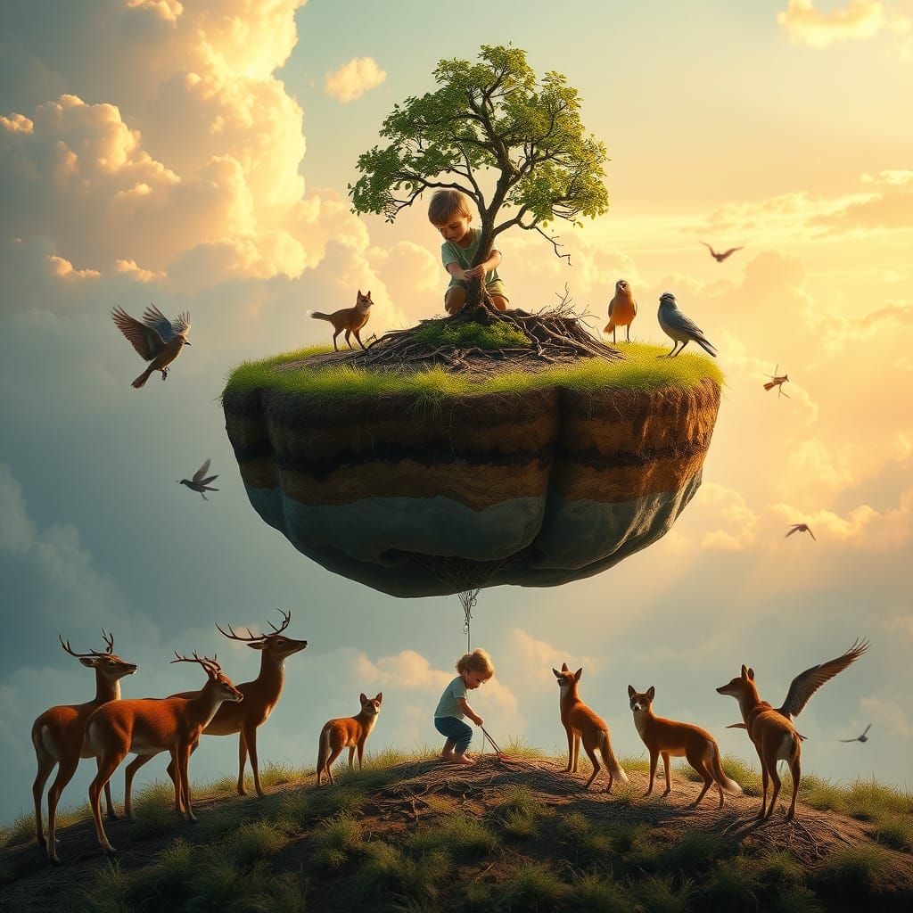 Child Planting Tree on Floating Earth Island