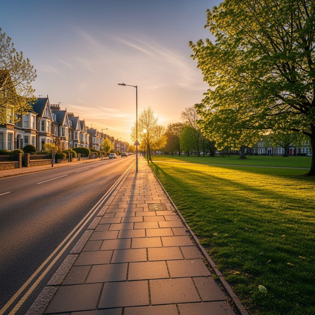 Golden Hour Street Scene with Park and Houses
