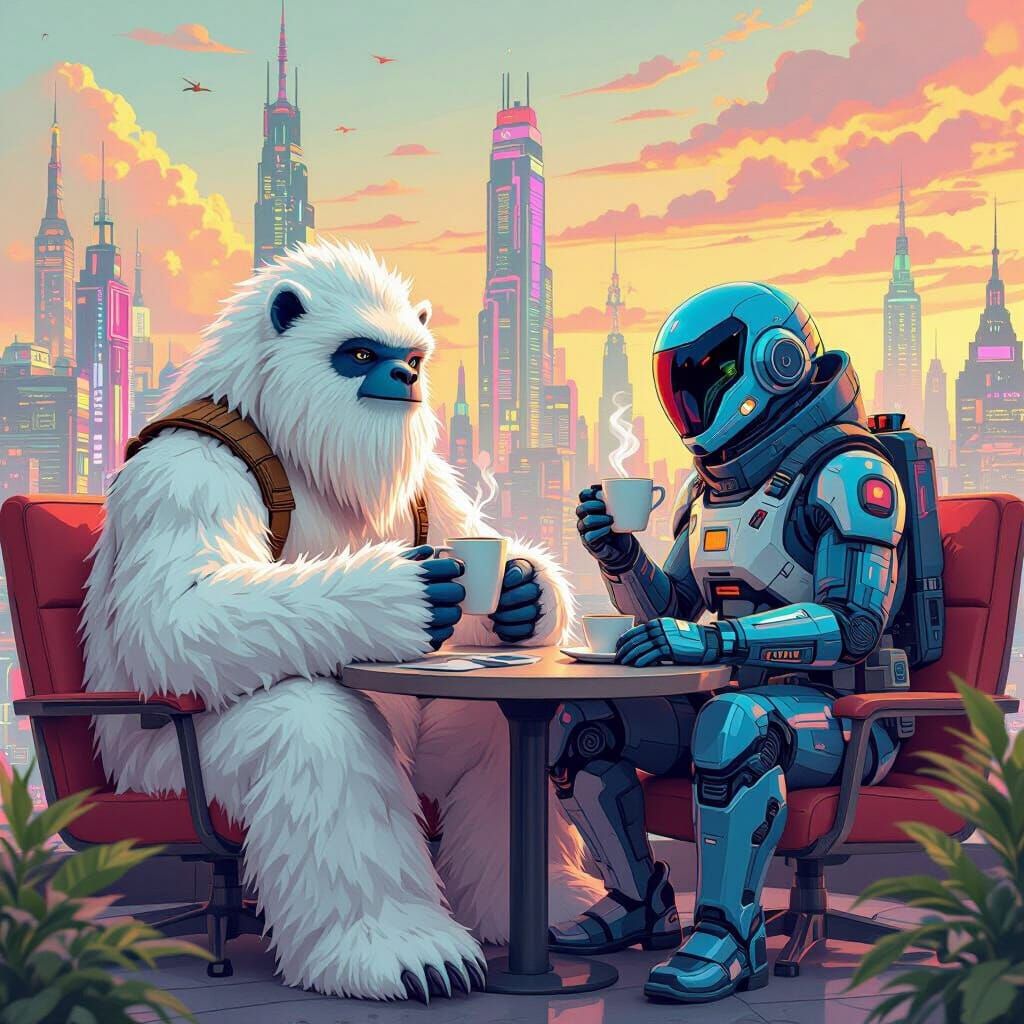 Lofi and Agent S Enjoy Coffee in Cyberpunk City