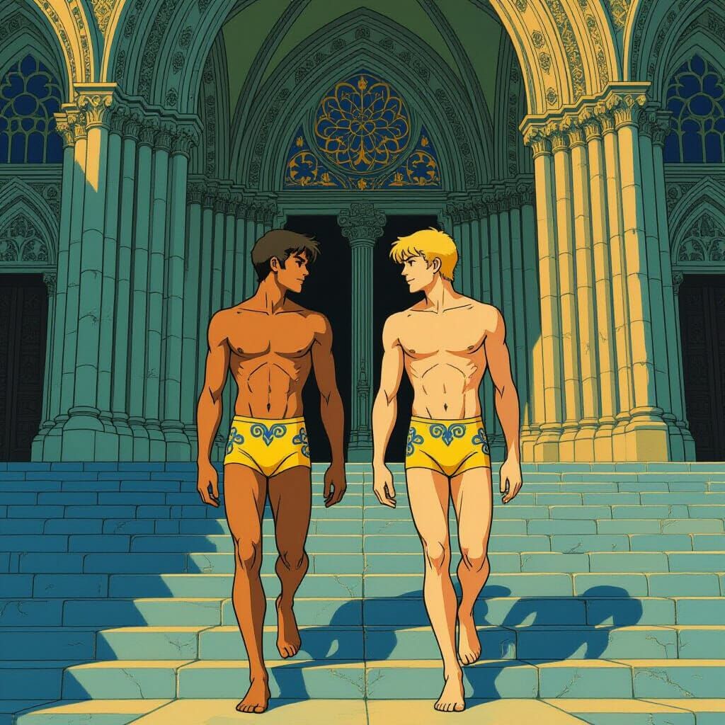 Two Men Descending Cathedral Steps in Cartoon Style