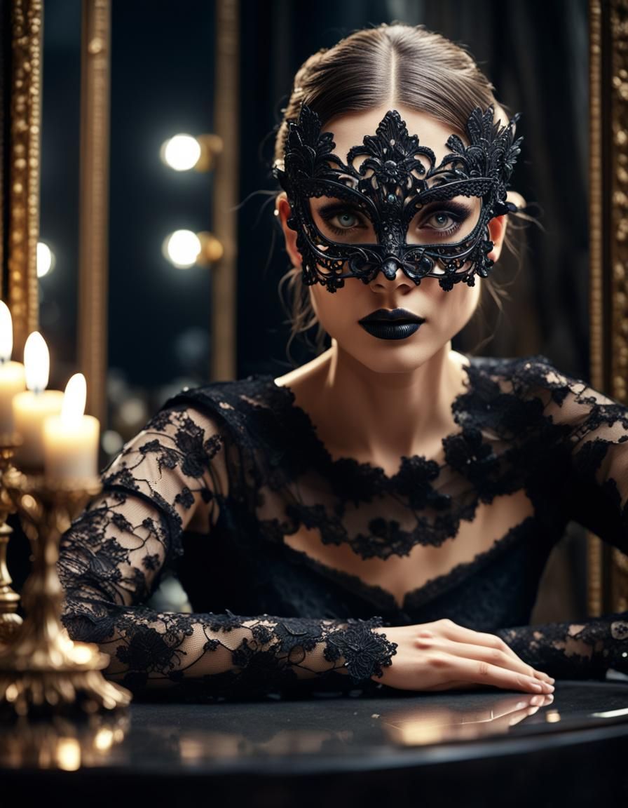 Woman in Black Lace Mask Reflects in Mirror