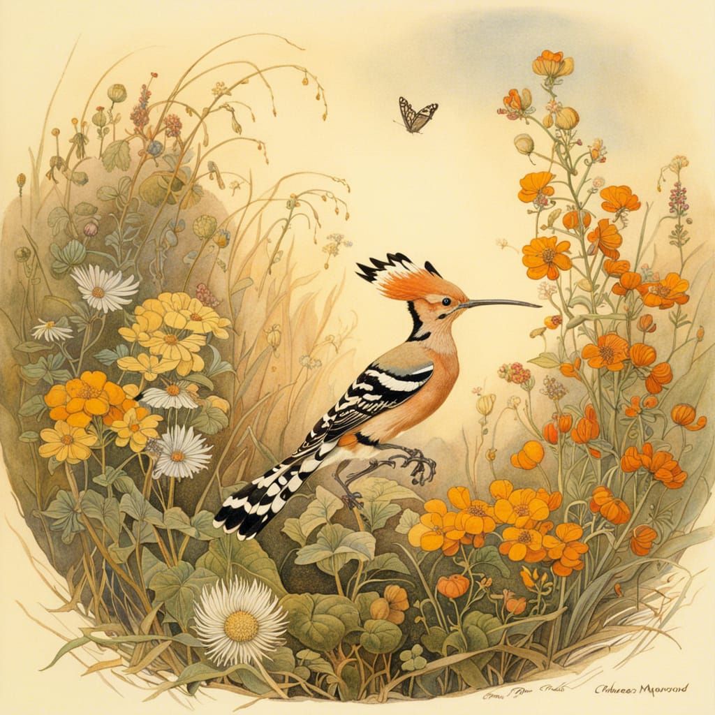 Hoopoe Bird with Wildflowers in Morning Light