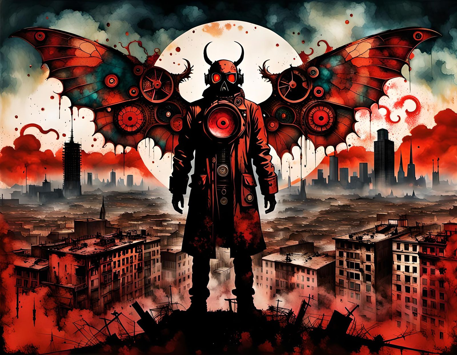 Mothman Silhouette in Post-Apocalyptic Cityscape