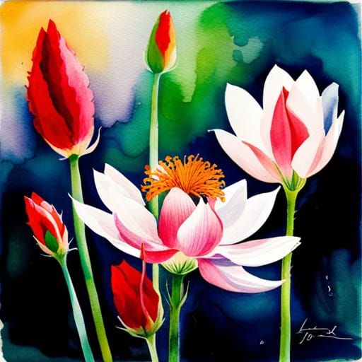 Botanical Flower Watercolor Painting in Anime Style