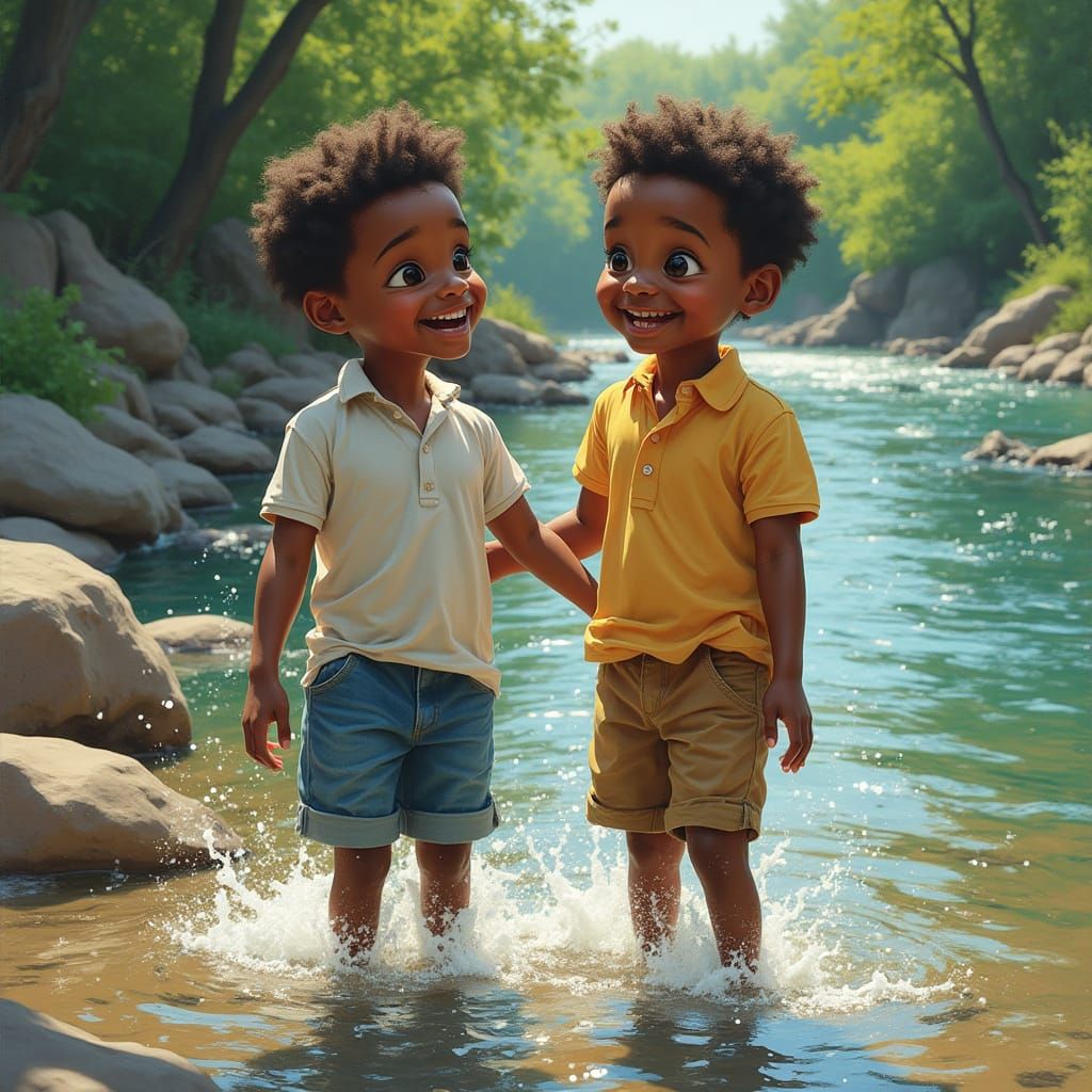 Joyful Black Twin Boys Play in River's Edge