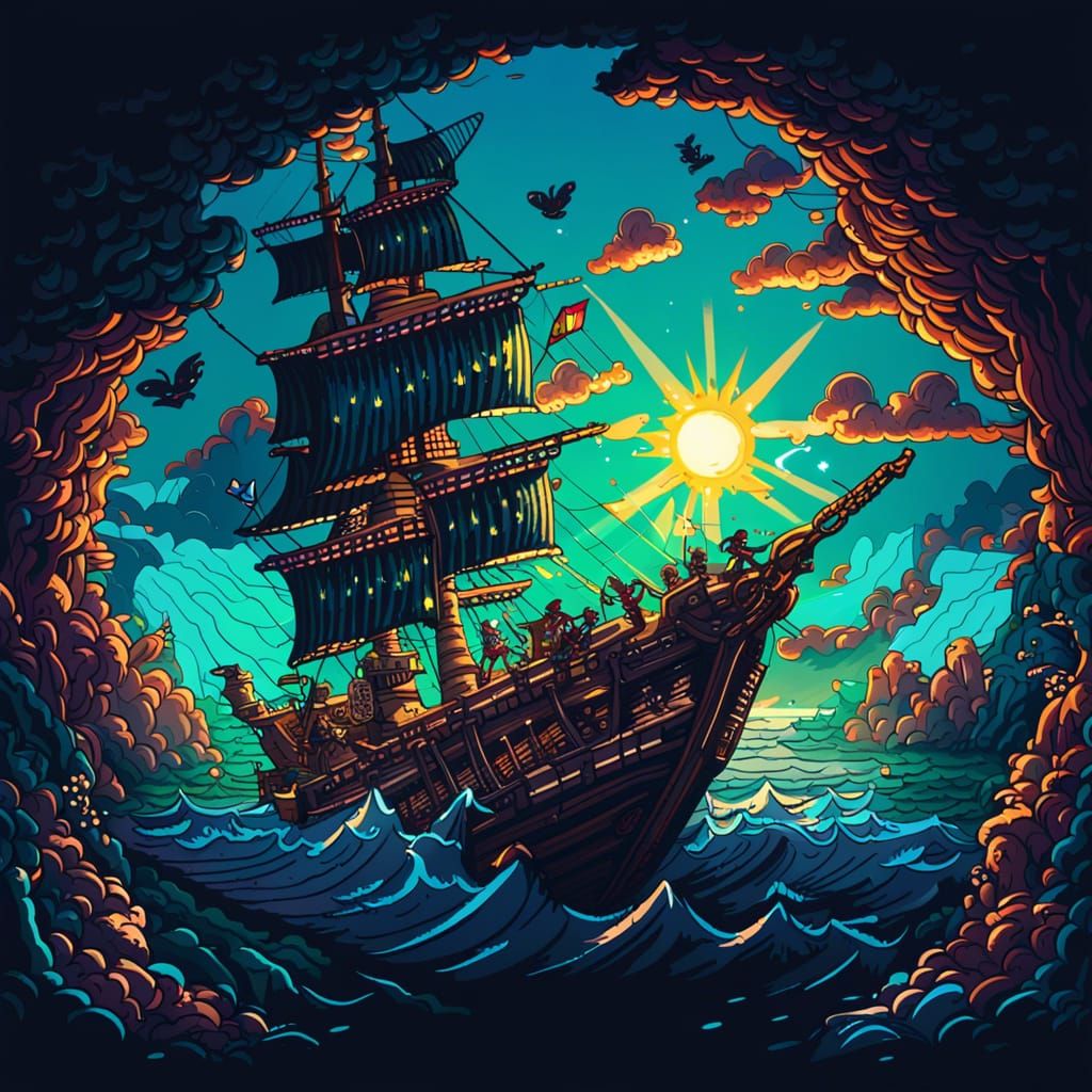 Peter Pan Soaring Above Pirate Ship in 8-bit Style