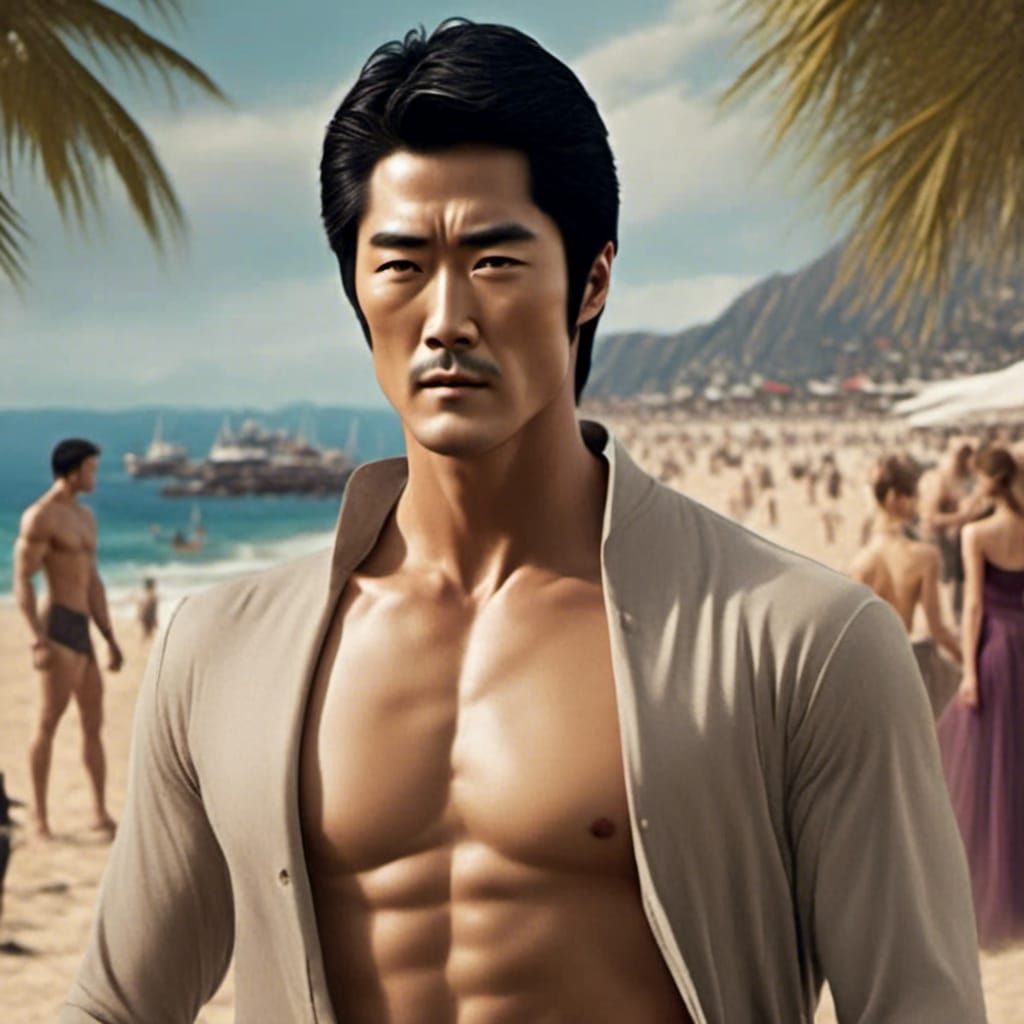 Handsome Man on Cannes Beach: Detailed Matte Painting