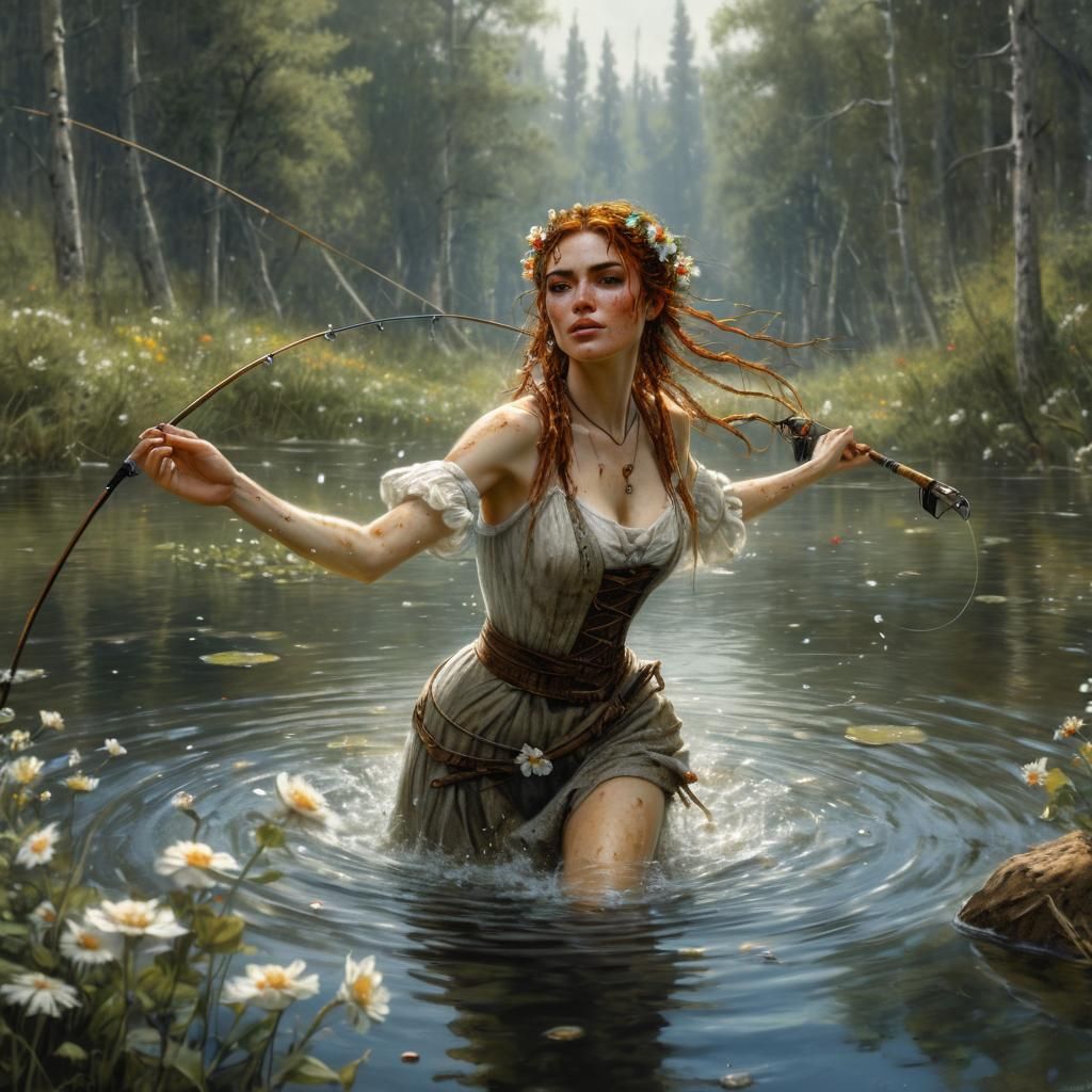 Freckled Girl Dancing in Forest Lake, Hyperrealistic Style