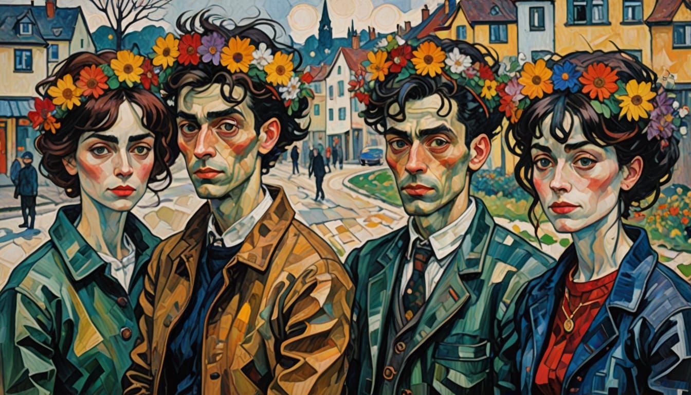 Contrasting Village Squares in Expressionist Style