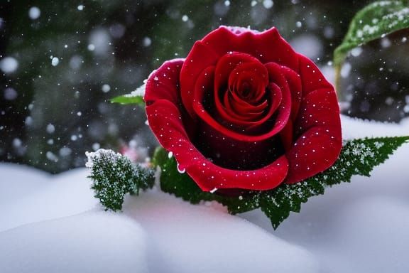 Icy Red Rose in Snowy Field: Digital Painting
