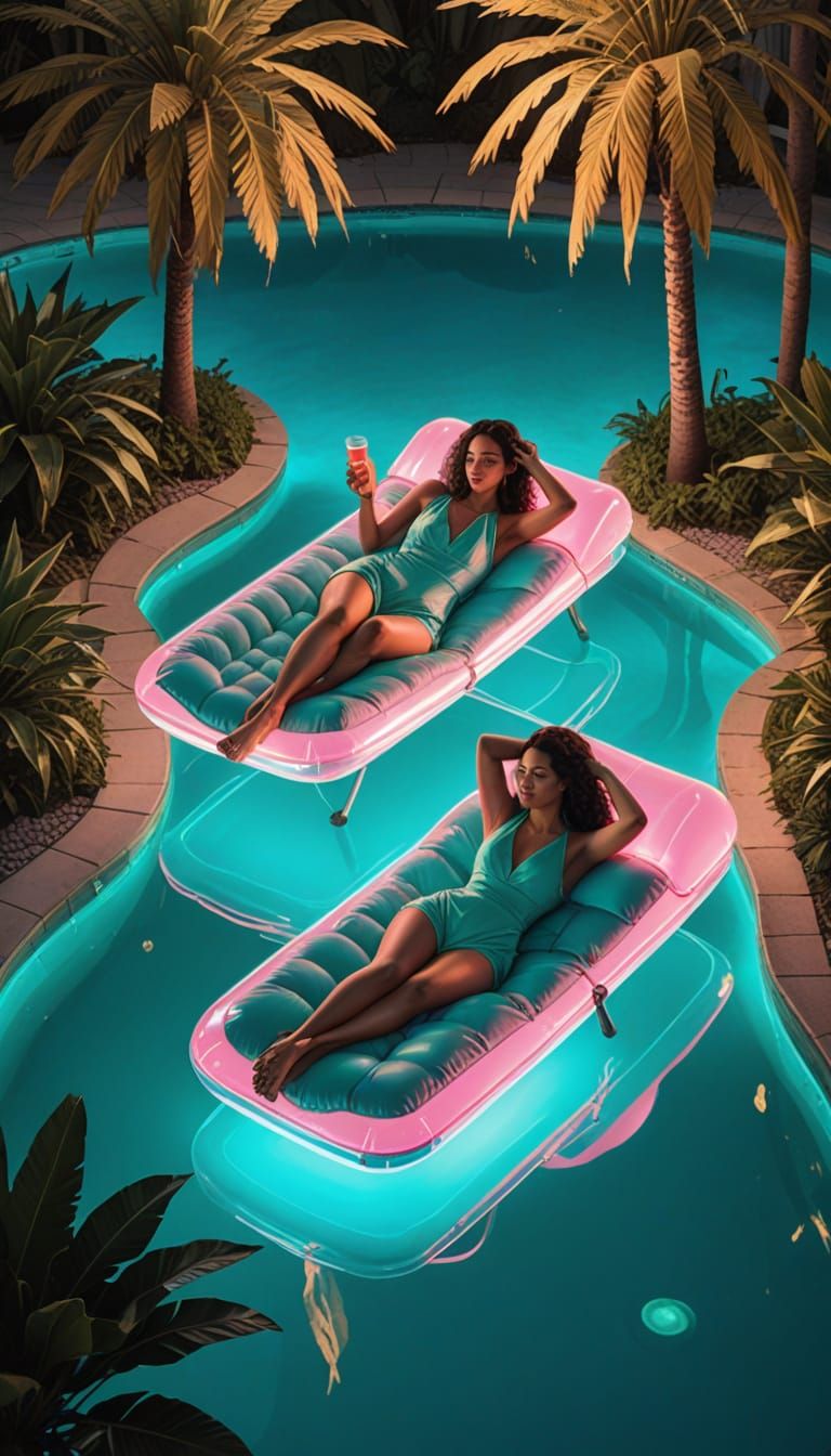 Surreal Tropical Goddess in Retro-Futuristic Pool Oasis