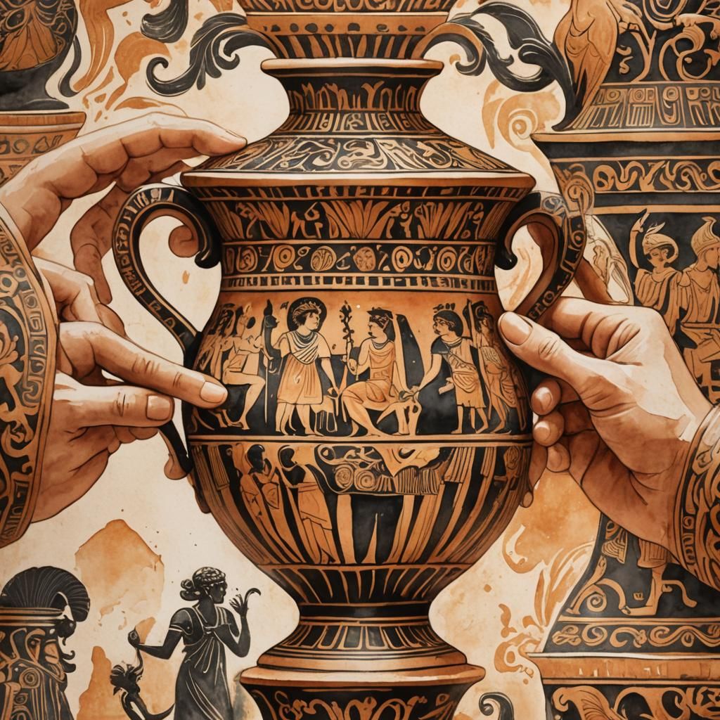 Ancient Greek Pottery Close-Up in Watercolor Style