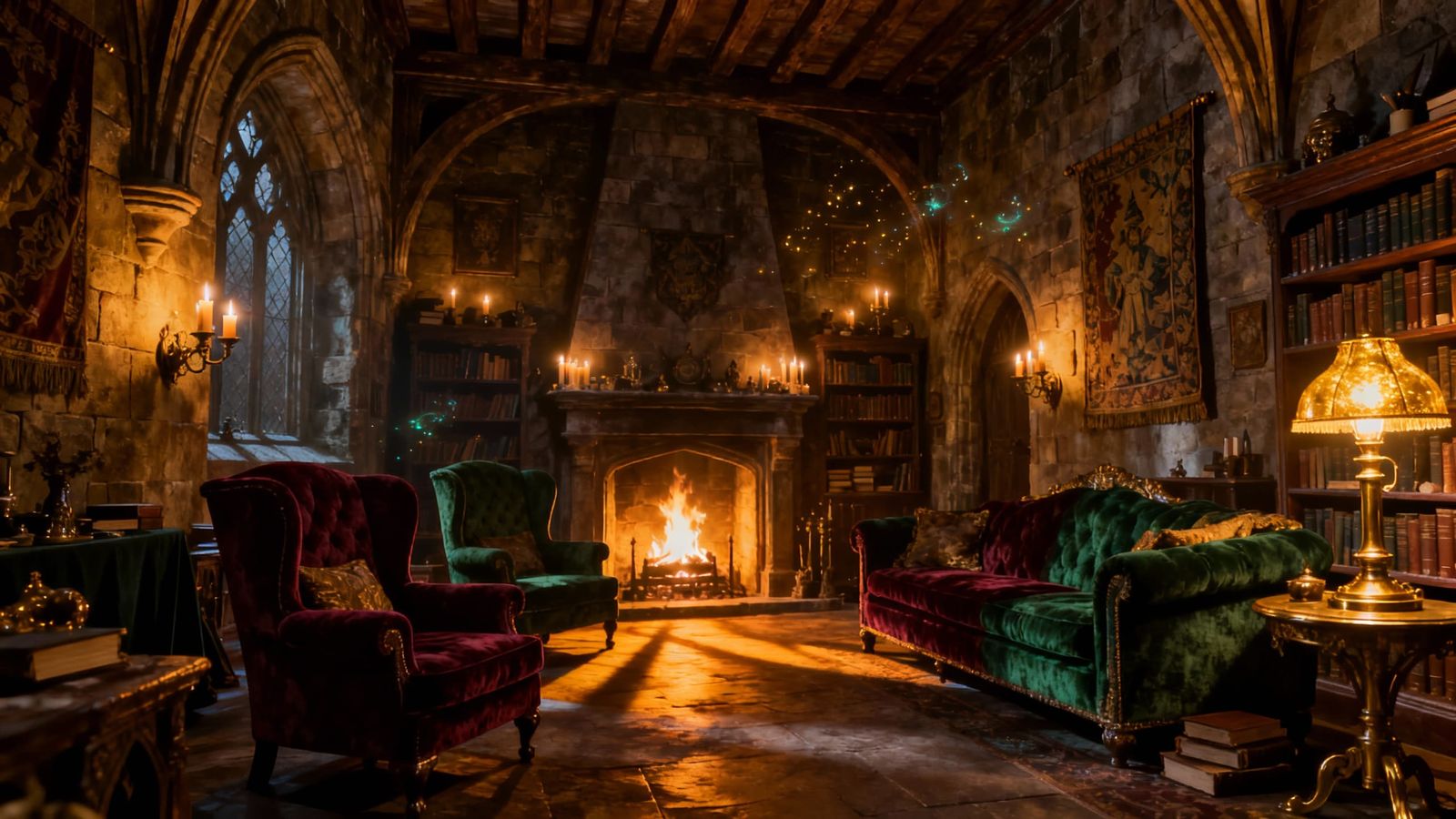 Magical Dark Academia Common Room with Cozy Firelight