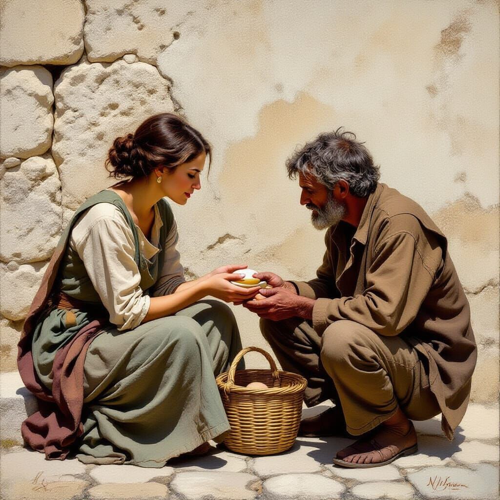 Elegant Woman Shares Alms with Homeless Man in Oil Painting ...