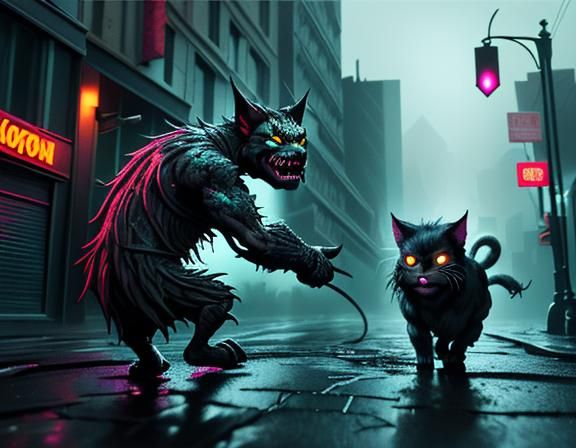 Demonic Cat and Hellhound Fight in Splatter Art Style