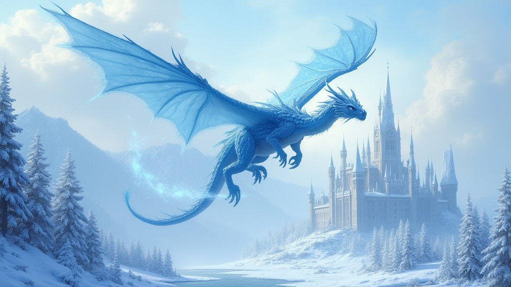 Icy Blue Dragon Soaring Over Winter Castle