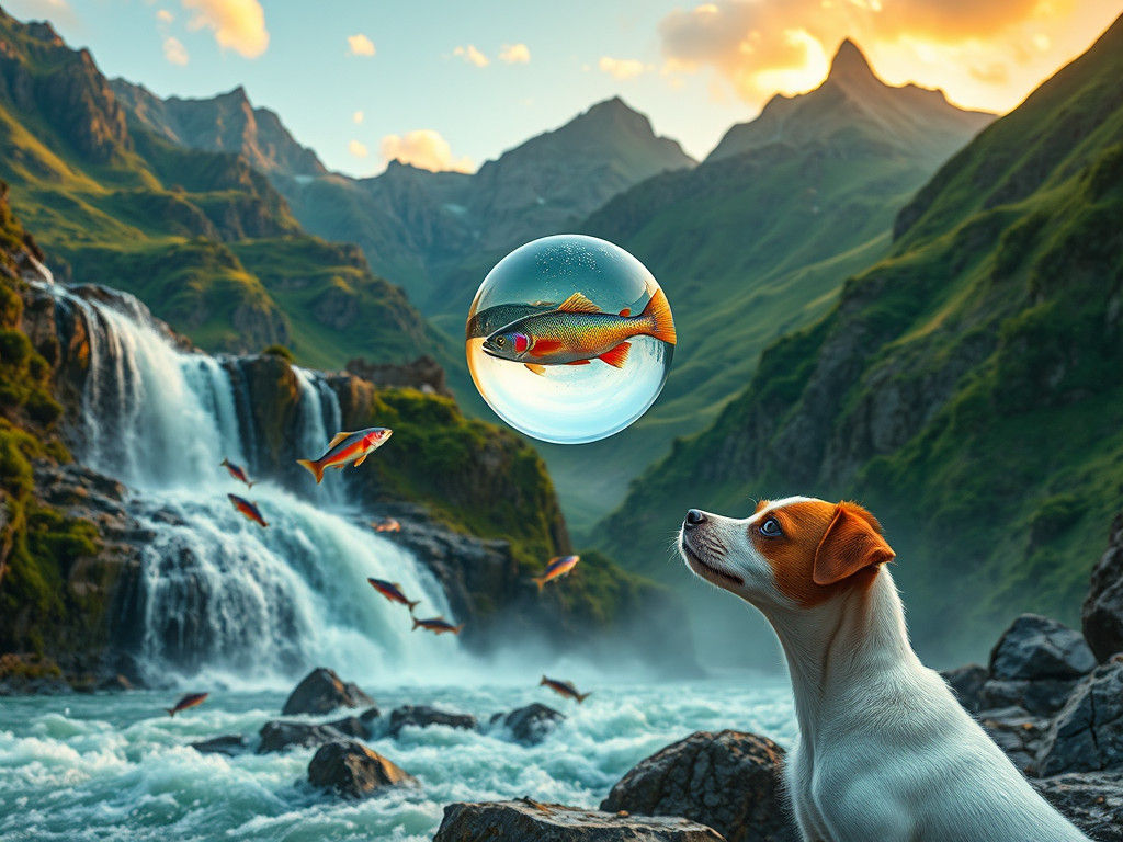 Emerald Mountain Waterfall with Floating Fish, Digital Art