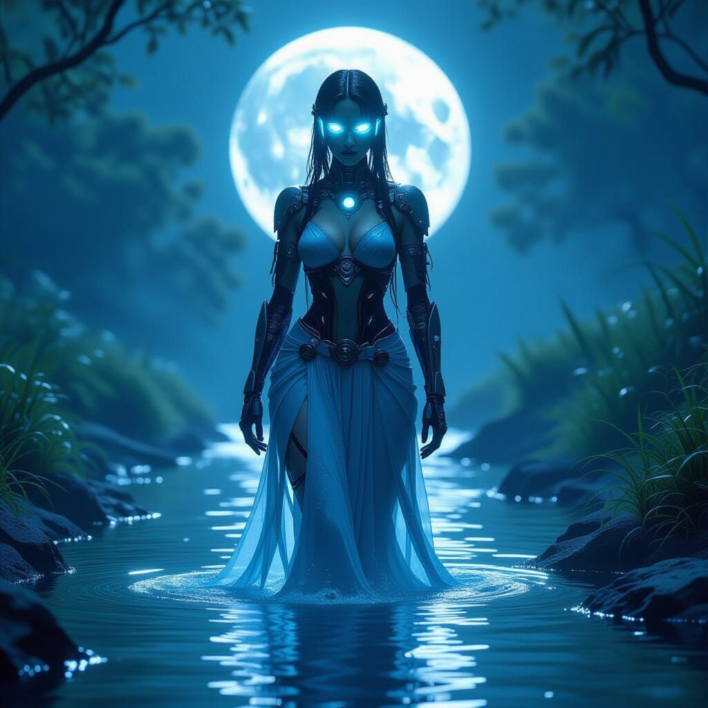 Cyborg in Moonlit Stream, Ethereal Digital Art