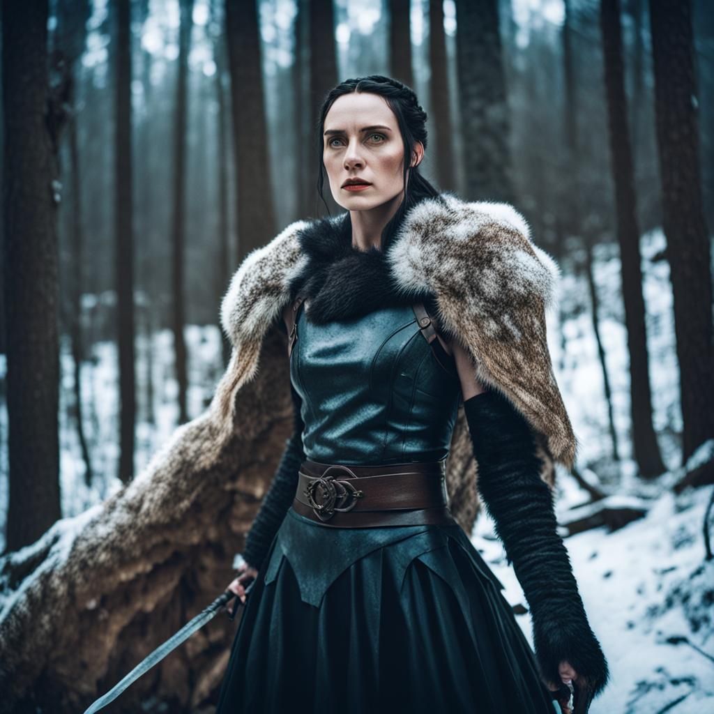 Cinematic Giantess with Broadsword in Winter Forest