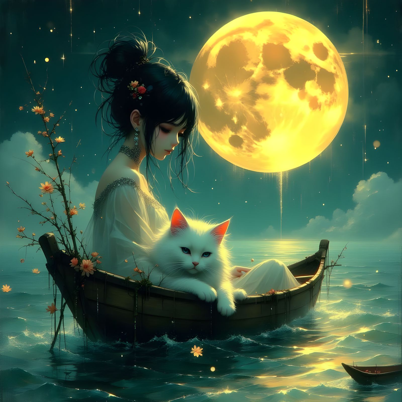 Fantasy Digital Painting of Woman and Cat on Moonlit Water
