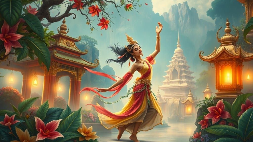 Temple Dancer in Ethereal Dreamscape Gouache Painting