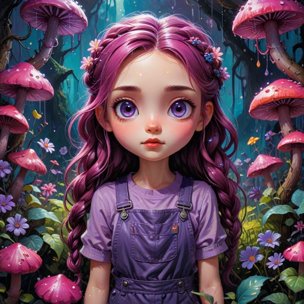 Chibi Girl Tends Bioluminescent Fungi Garden