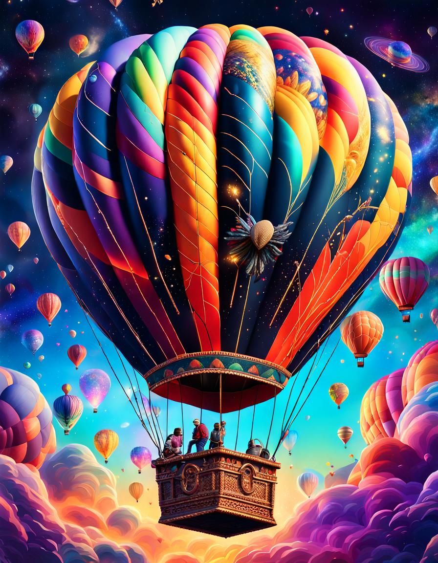 Hot Air Balloon Soars into Colorful Cosmic Universe