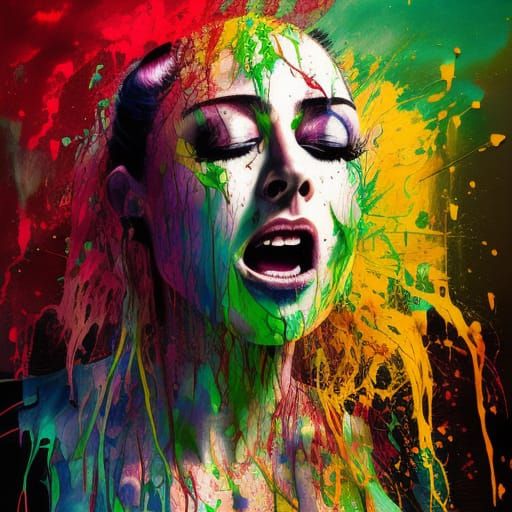 Colorful Ink Splash Portrait of Screaming Woman