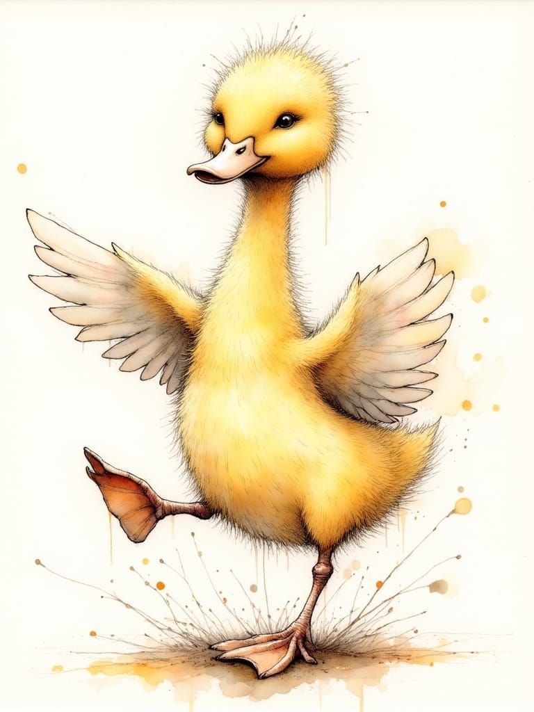 Dancing Duckling in Ink Line Art