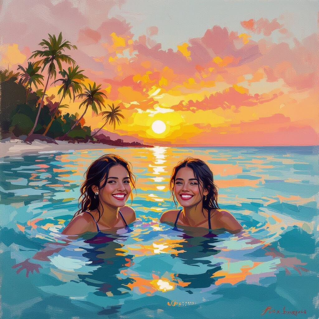 Friends Swimming at Sunset in Impressionist Style
