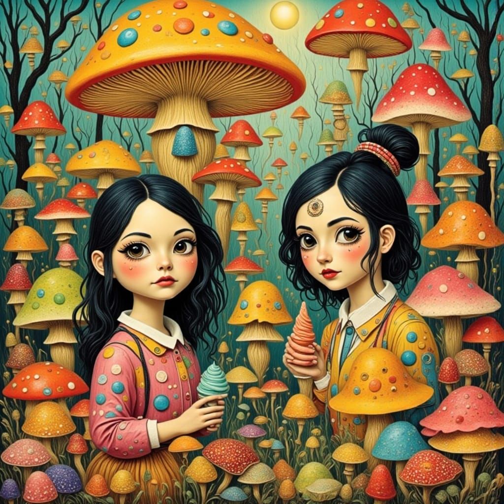 Glamorous Women Pose in Vibrant Mushroom Forest with Bold Po...