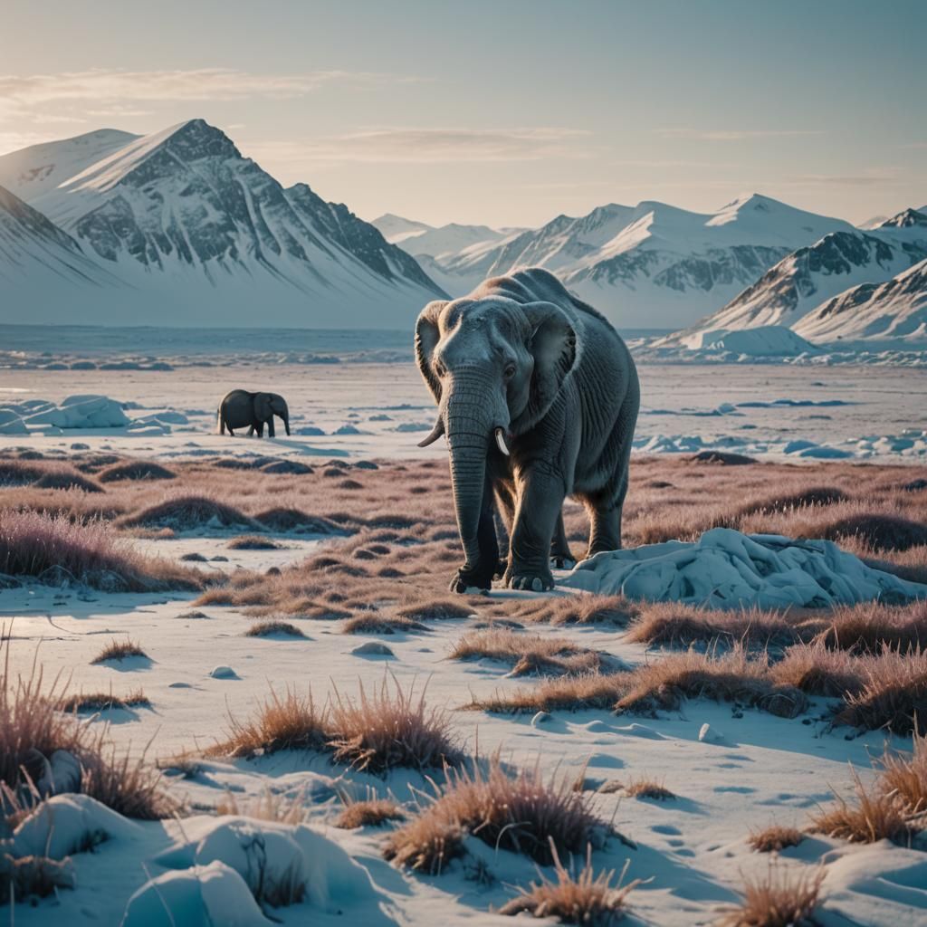 Cat-Elephant Hybrid in Arctic Landscape: Cinematic Film Stil...