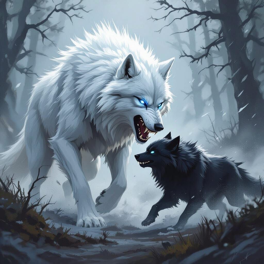 White Wolf vs Black Wolf in Misty Forest