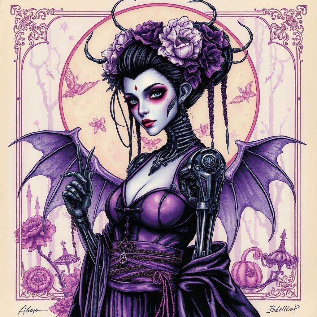Gothic Halloween Cyborg Geisha Portrait in Alcohol Ink