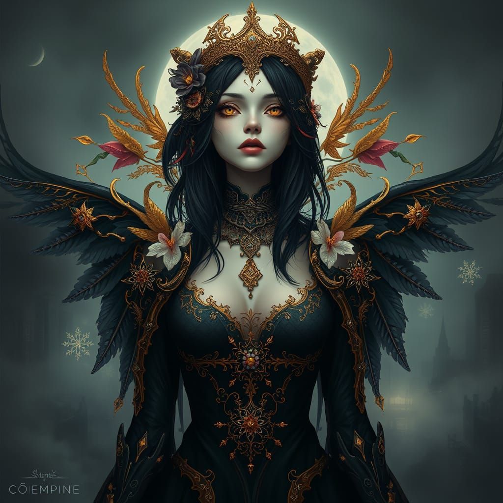 Gothic Cyborg Goddess in Cyberpunk Cityscape