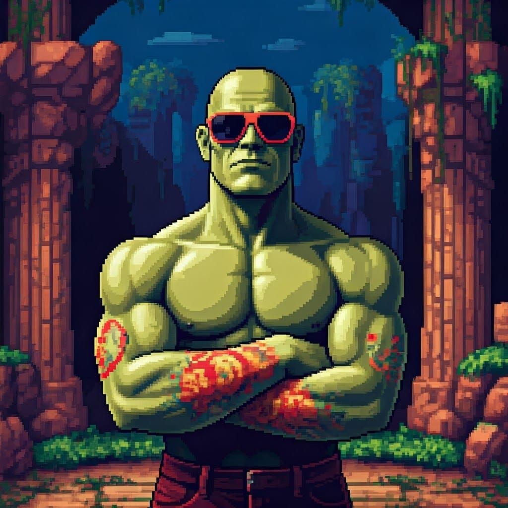 Green Warrior in 8-Bit Pixel Art Landscape