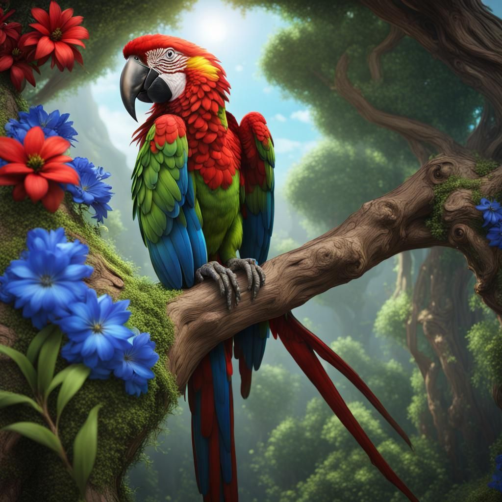 Colorful Macaw in a Fantastical Tree