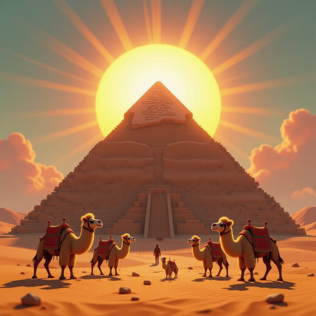 Ancient Pyramid with Cute Camels in Pixar Style