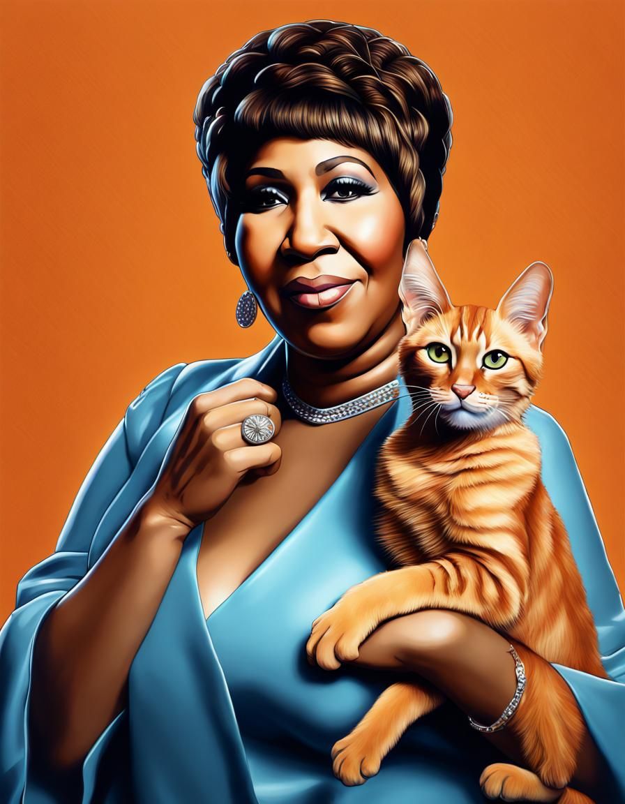 Aretha Franklin Portrait with Orange Tabby, Hyperrealistic A...