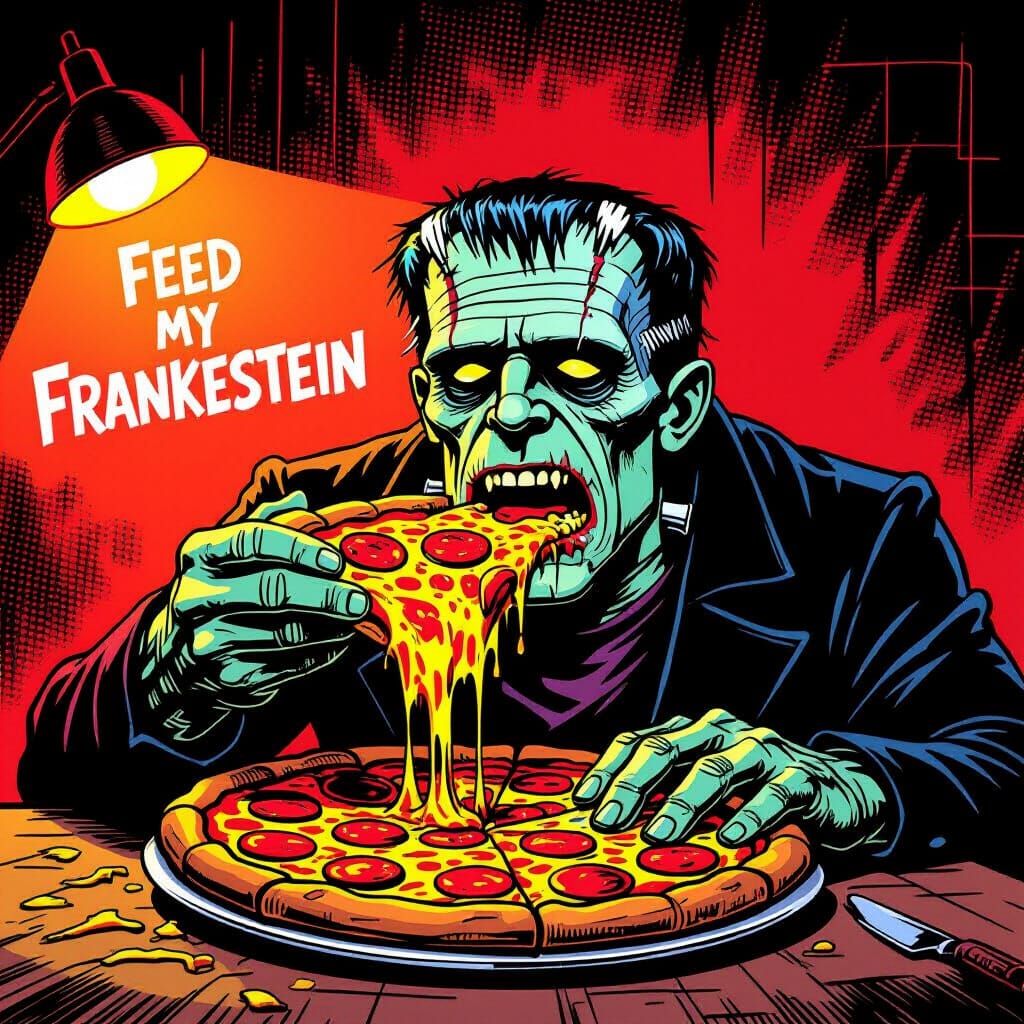 Frankenstein Eats Pizza in Comic Book Style