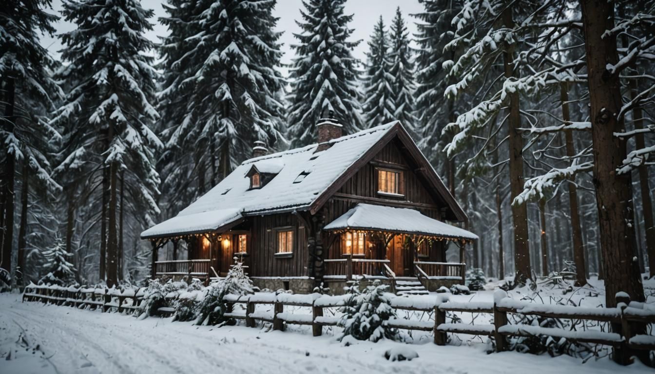 Cozy Rustic Cottage in Snowy Forest, Sharp Focus