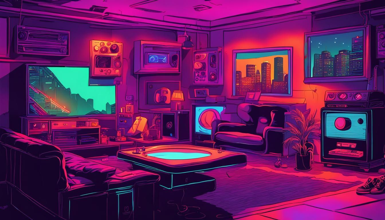 MAN CAVE, Hip hop 90s boom bap penthouse suite digital illustration NEON